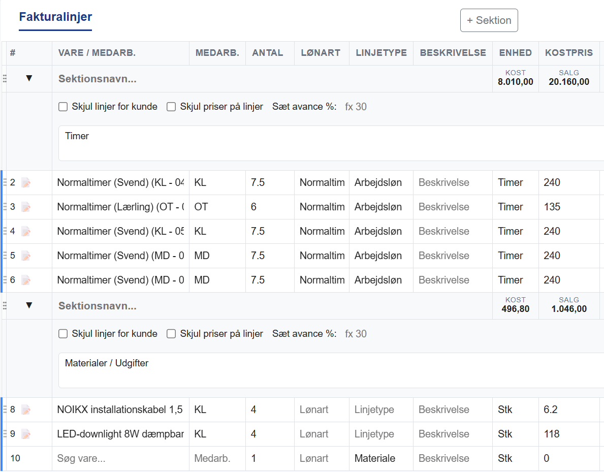 Portalen: fakturakladde med timer og materialer i hver sin sektion, med kost og salg pr. sektion