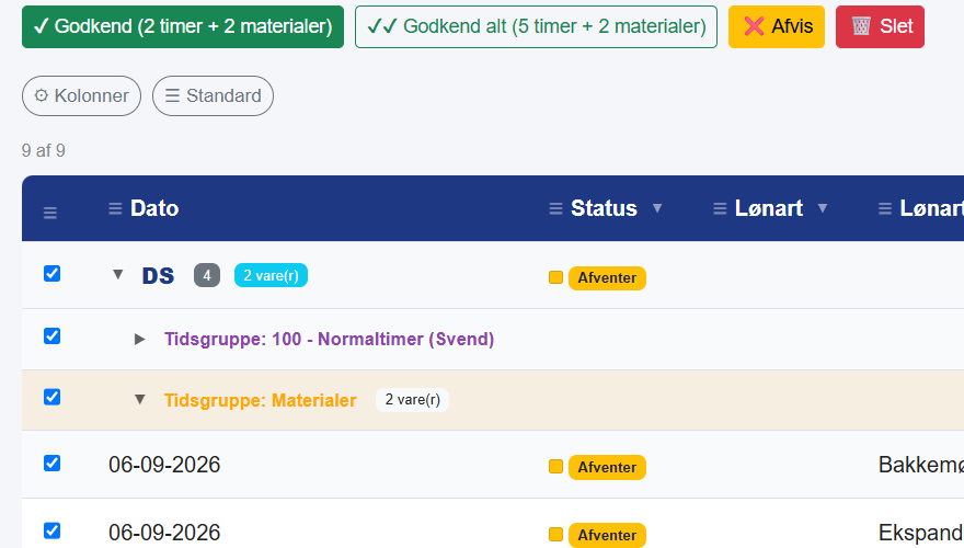 Portalen: Godkend registreringer med timer og materialer, der afventer godkendelse, samlet pr. medarbejder og lønart