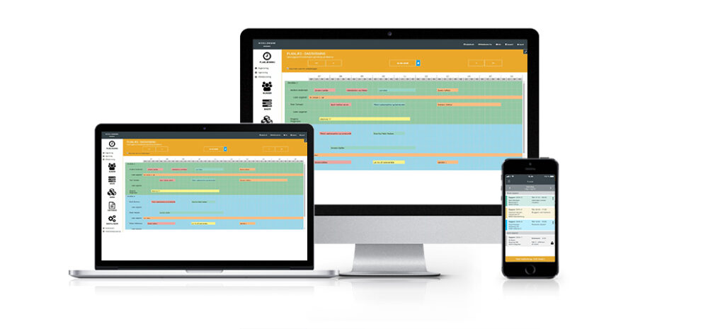 Projektstyringssoftware vist på computer og smartphone